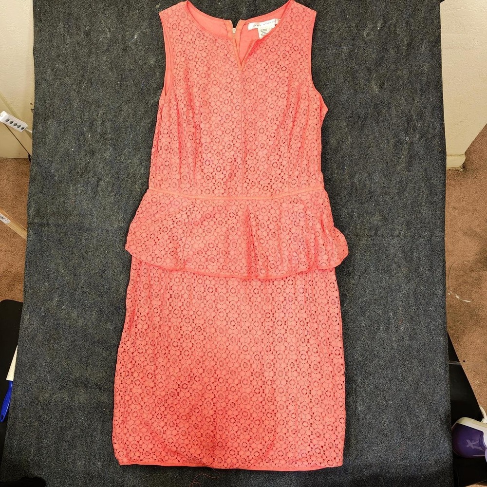 Max Studio Coral Pink Eyelet Lace Peplum Sheath Dress Sleeveless Size 12